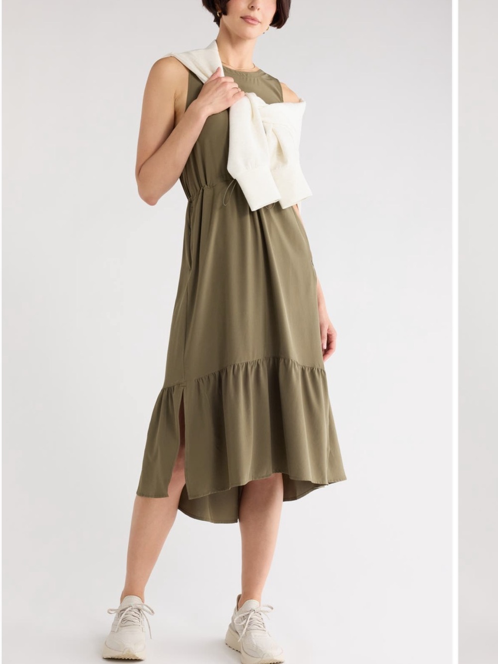NWT Zella Olive High-Low Ruffle Midi Dress with Drawstring Waist S